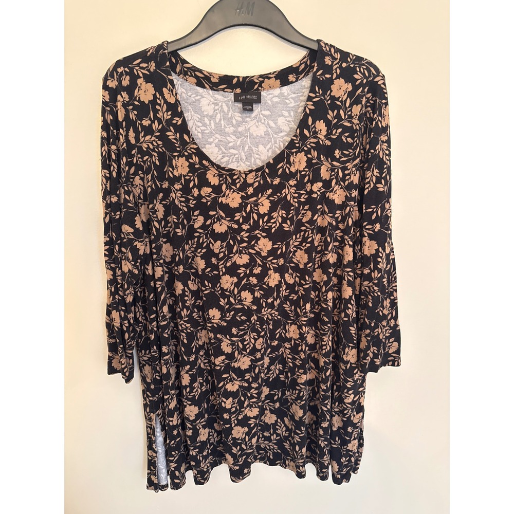 J.Jill Wearever Tunic Top Womens XL Black Tan Floral 3/4 Sleeve Scoop Neck Rayon